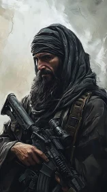 Hardened desert fighter holding rifle in muted portrait.