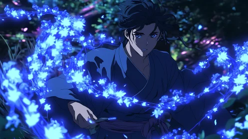 Young sorcerer guiding glowing blue blossoms through night.