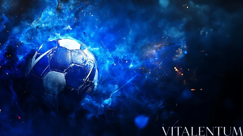 Glowing soccer ball bursts through swirling blue cosmic smoke