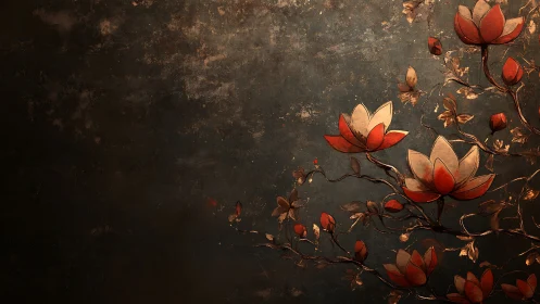 Red and Gold Lotus Flowers Against Weathered Dark Background.