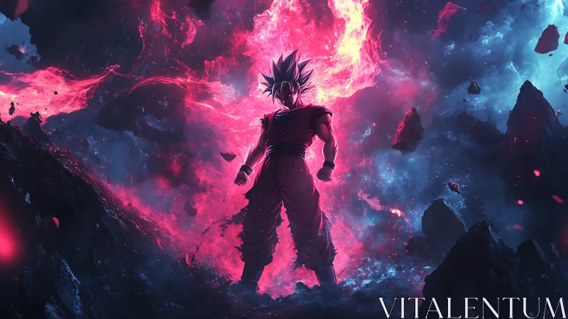 Cosmic warrior ignites twin nebula storms of power.