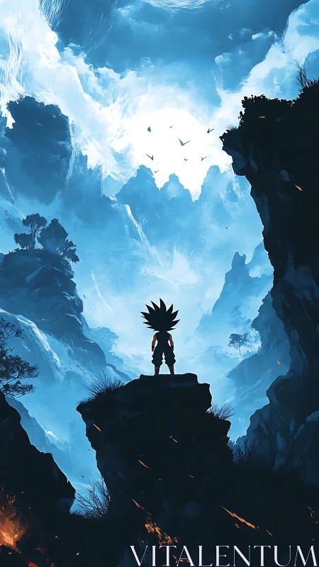 Silhouetted warrior on cliff in vivid blue canyon landscape.