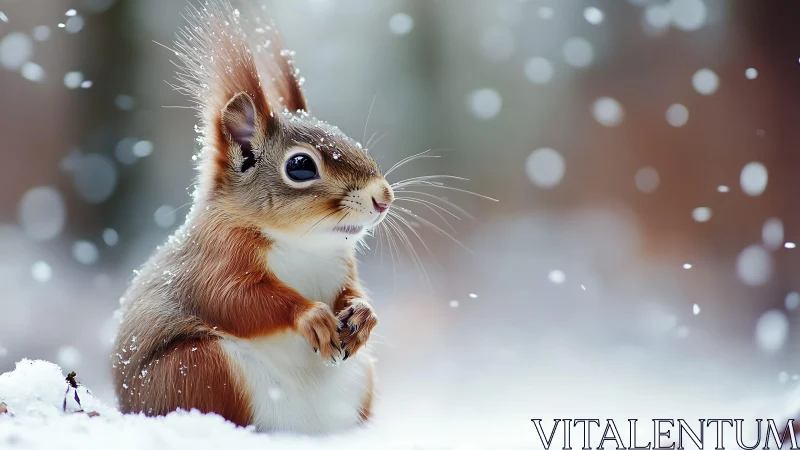 Red squirrel in winter snowfall with shallow depth of field.