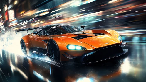 Midnight orange supercar slicing through neon city streets.