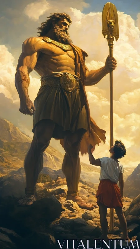 Giant armored warrior and youth in rocky mountain landscape.