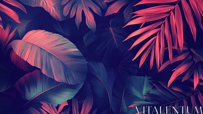 Tropical foliage pattern in contrasting teal and magenta tones.