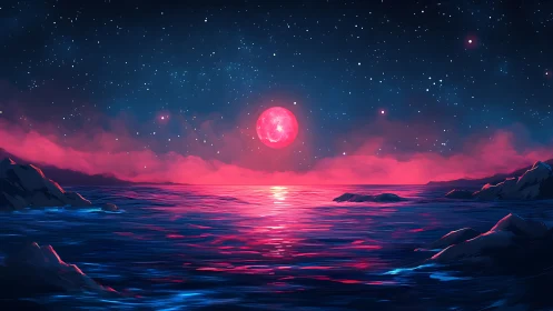Dreamy pink moon drifts above a glowing neon ocean night