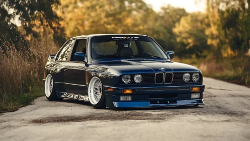 Modified classic coupe with lowered stance on rural road.