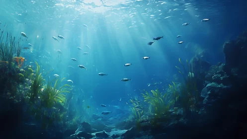 Sunlit reef meadow where silver fish drift through hush.