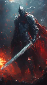 Armored knight stands in blazing embers of a ruined battlefield