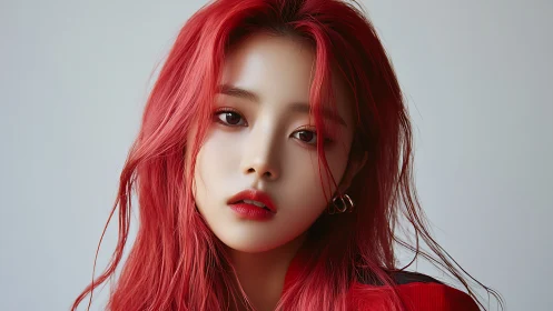 Crimson-haired muse studies the lens with velvet stillness