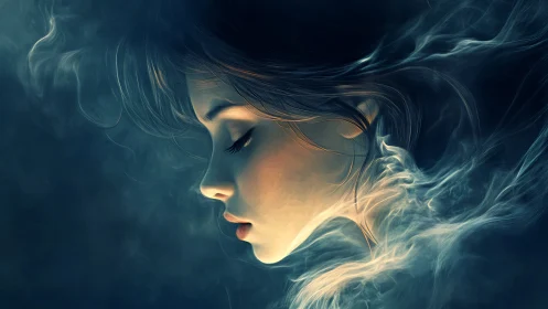 Dreaming woman dissolves into swirling ethereal smoke.