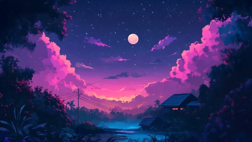 Lunar-lit tropical river village under magenta twilight clouds