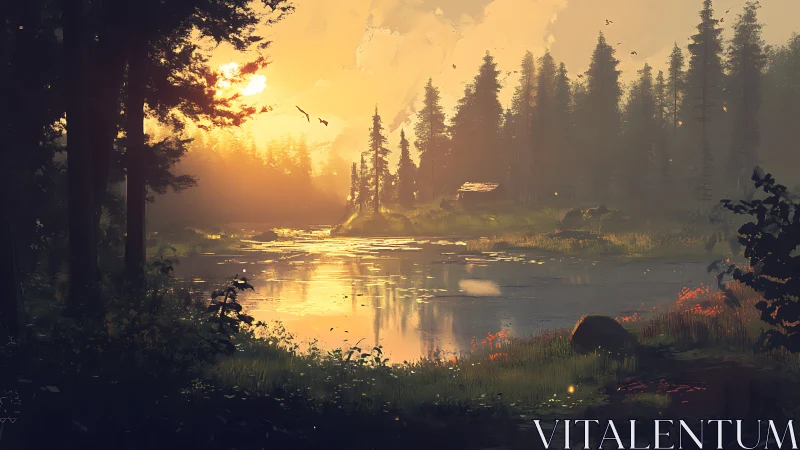 Gilded Wilderness: Dawn Breaks Over Misty Forest Waters.