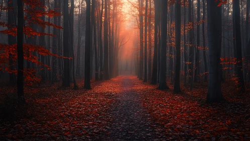 Crimson Forest Pathway: Golden Sunrise Penetrates Deciduous Grove.