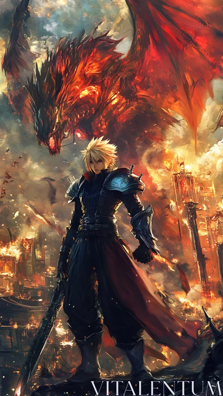 Blond warrior defies a blazing inferno dragon above ruinous city.