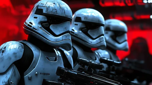 Triad of armored sci‑fi soldiers under high contrast red lighting