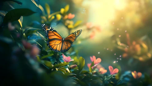 Monarch butterfly in luminous bokeh garden environment.