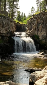 Water flows over stepped rock ledges between vertical cliffs