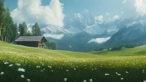 Alpine meadow cabin under towering sunlit mountain peaks.