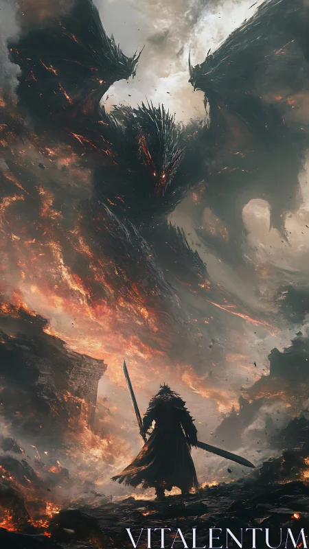 Armored warrior facing three headed molten dragon entity.