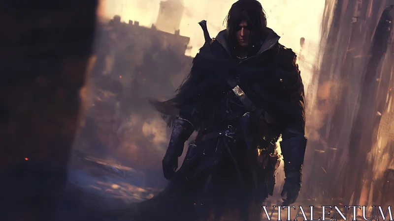 Brooding cloaked warrior walks through a burning ruined city