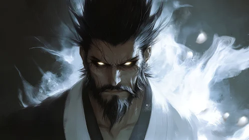 Intense bearded warrior with glowing eyes in white aura