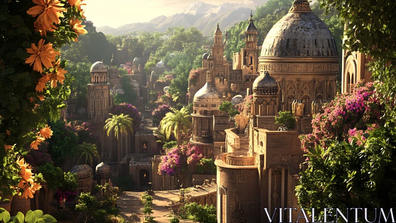 Sunlit terracotta domed city framed by lush tropical foliage