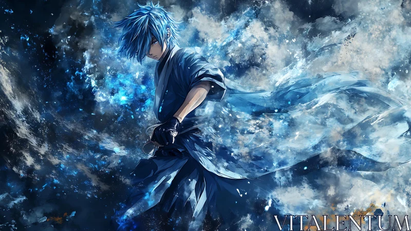 Blue-haired warrior strides through swirling cosmic storm