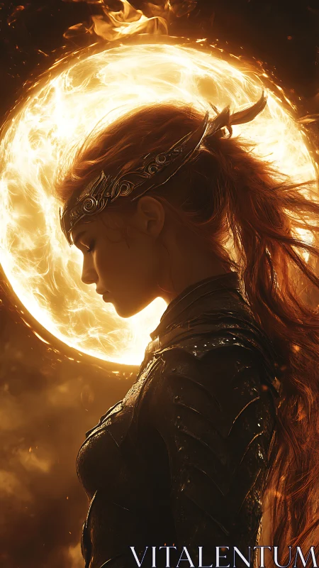 Solar warrior profile glows against blazing celestial sphere