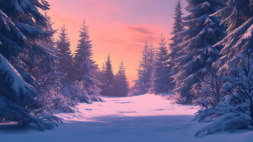 Snow-covered forest valley at sunset with coniferous trees
