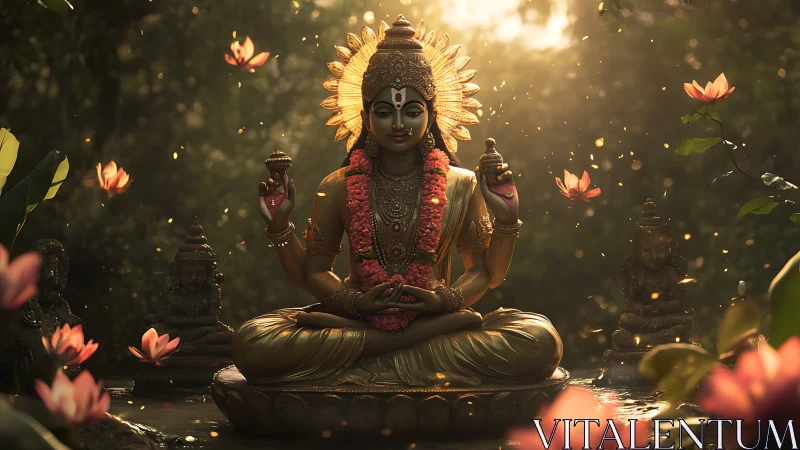 Lotus-lit goddess in golden forest shrine at dawnlight.