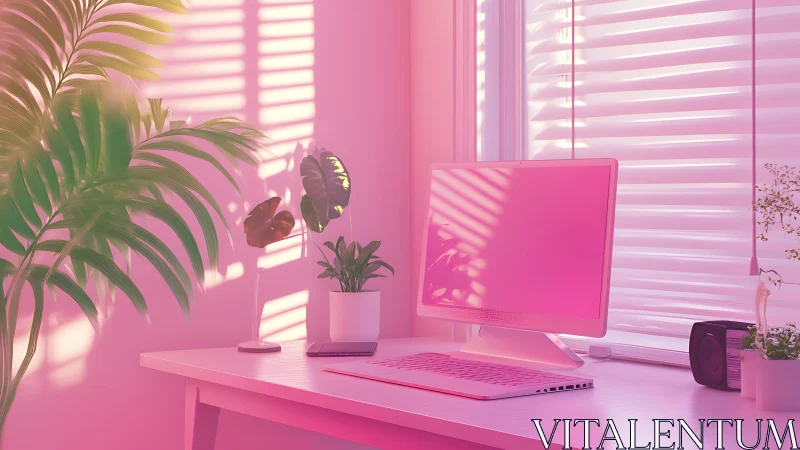 Minimalist pink home office with plants and sunlight glow.