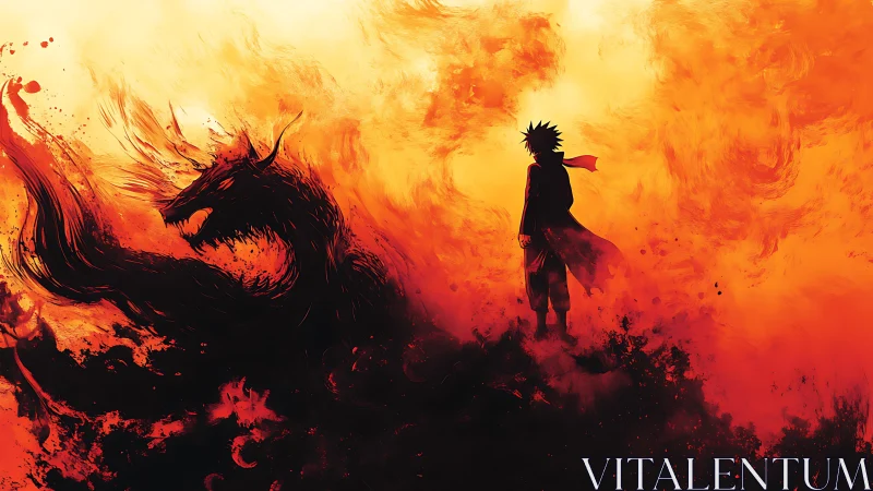 Flameborn warrior bargains with a shadow dragon in burning dusk