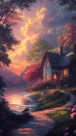 Lakeside twilight cottage aglow beneath storybook clouds.