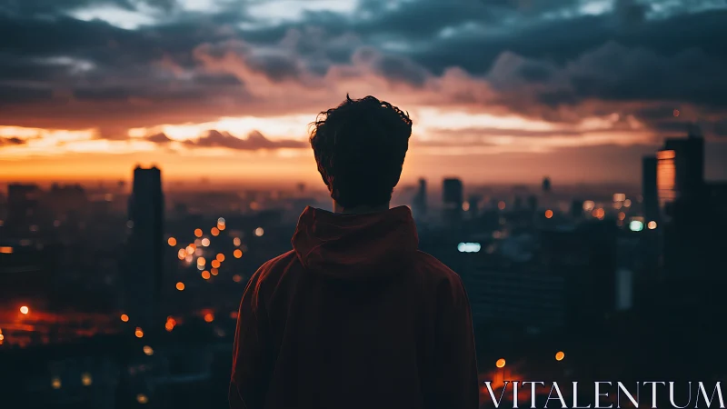 Backlit urban silhouette observing dusk skyline panorama