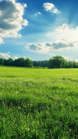Radiant grassland under cumulus cloud field and solar backlight.