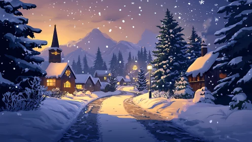 Snowy alpine village street under warm twilight glow.