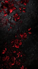 Crimson embossed florals cascade across textured black stone