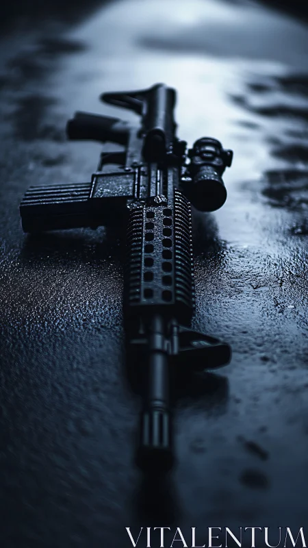 Tactical Rifle on Weathered Urban Surface with Shallow Depth of Field.