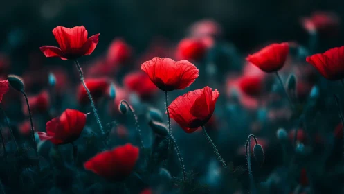 Vibrant Red Poppies Against Dark Teal Background.