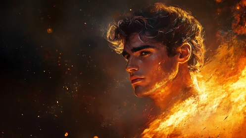 Male portrait rendered in fire with detailed digital lighting