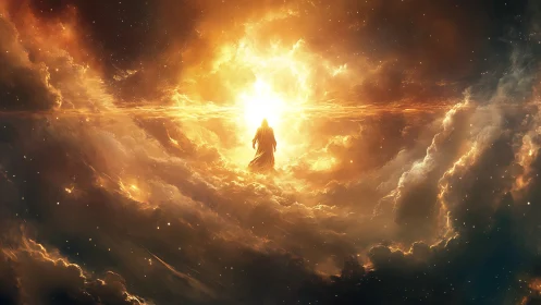 Luminous wanderer ascending through a storm of celestial fire.