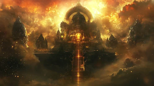 Mythic luminescent temple in stormlit infernal clouds