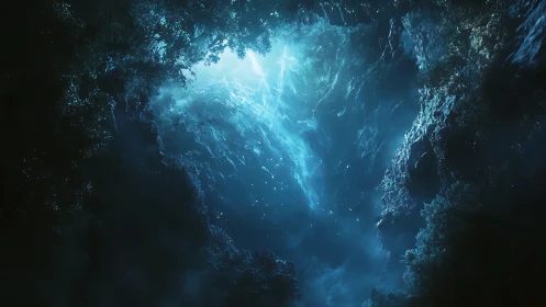 Vertical cavern opening with blue atmospheric light shaft.