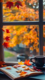 Autumn window still life with open book, coffee cup, maple leaves