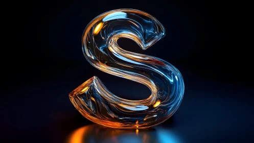 Glossy Glass Letter S in 3D with Orange and Blue Highlights.