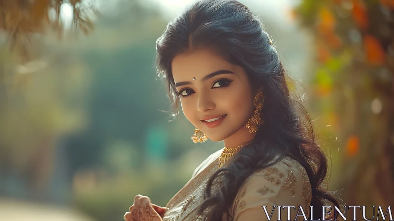 Portrait of woman in traditional attire outdoors at dusk.