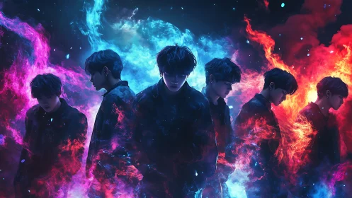 Storm of selves in neon fire and midnight blue glow.