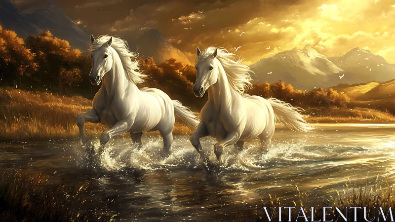 Twin white stallions charging through glowing river sunrise.